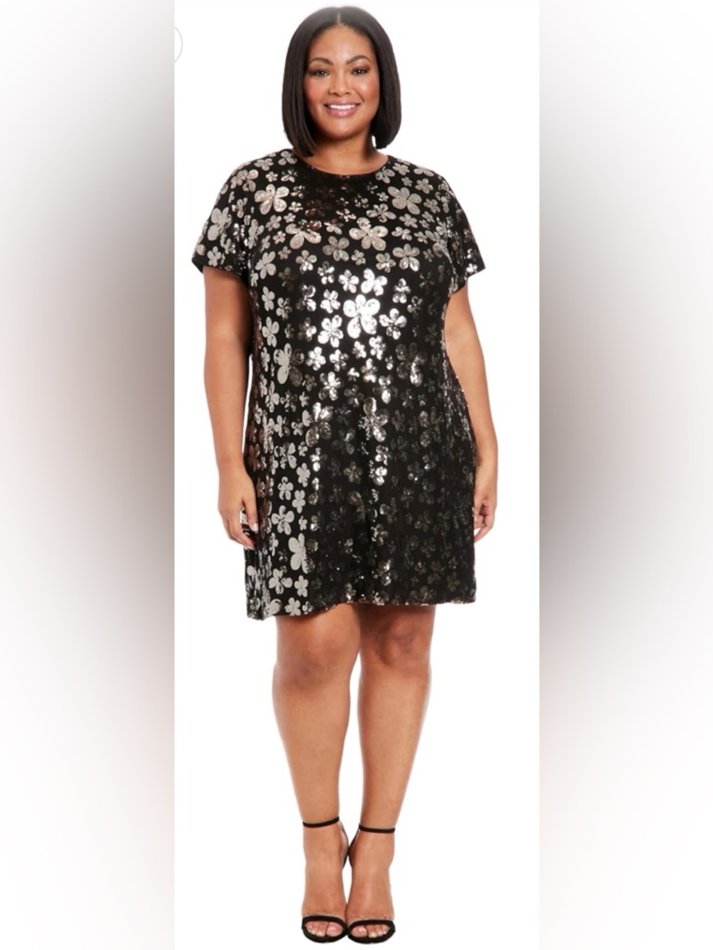London Times Black Sequin Floral Short Sleeve Shift Dress NWT